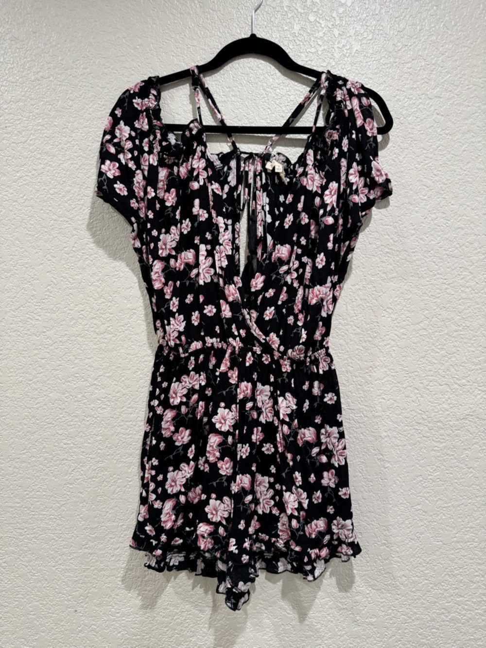 Promesa Black Floral Romper Dress with Pink Accents